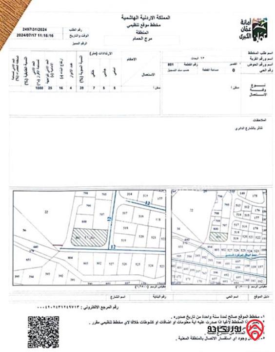 ارض مساحة 1 دونم و 247م للبيع في عمان - مرج الحمام، البحاث حوض القصير