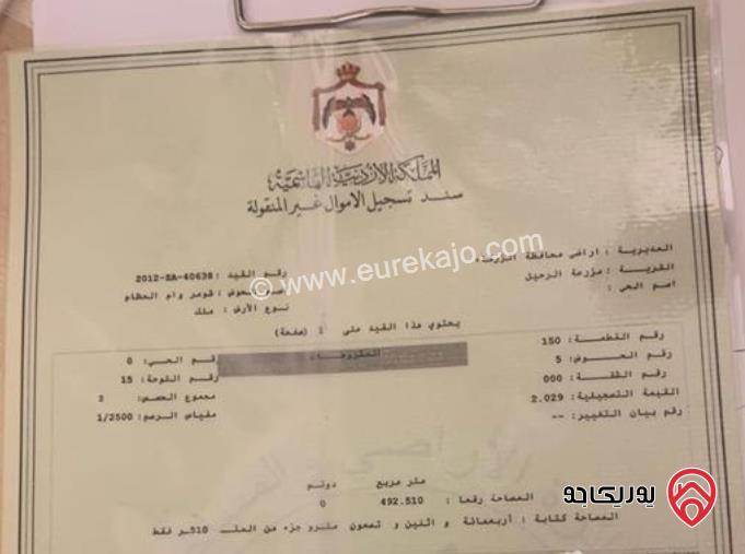 ارض مساحة 492م للبيع في الزرقاء - ضاحية الرياض على طريق بيرين