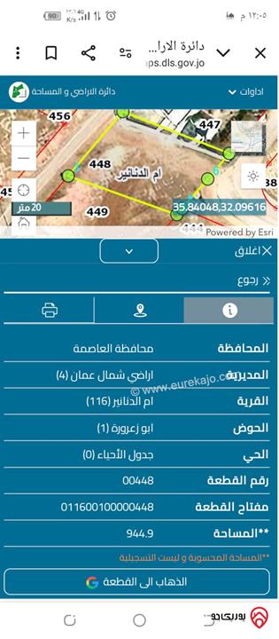 قطعتين أرض مساحة كل قطعة 950م للبيع في عمان - ام الدنانير 