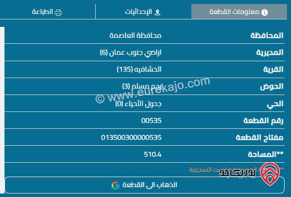 قطعة أرض مساحة 510م للبيع في عمان - منطقة أحد الخشافية