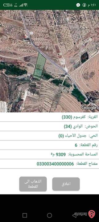 قطعة ارض مساحة 9 دونم و 449م للبيع في اربد من أراضي بني كنانة كفرسوم