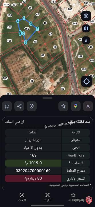 قطعة أرض مساحة 1 دونم و 10م للبيع في السلط