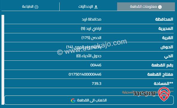 قطعة أرض على شارعين مساحة 739م للبيع في اربد - الحصن	