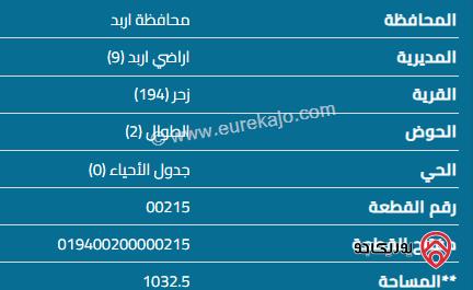 قطعة أرض مساحة 1034 م للبيع في اربد - زحر