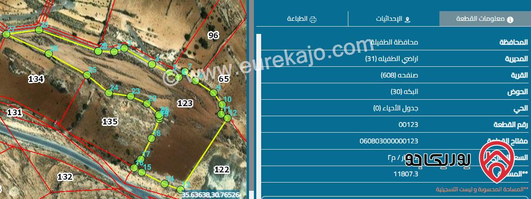 قطعة أرض مساحة 11676 م للبيع في الطفيلة - صنفحه