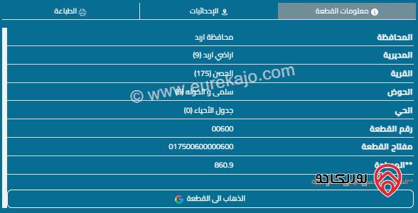 قطعة أرض مساحة 861م للبيع في اربد - الحصن 