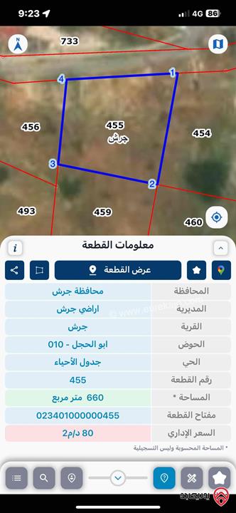 أرض مساحة 660م للبيع في جرش