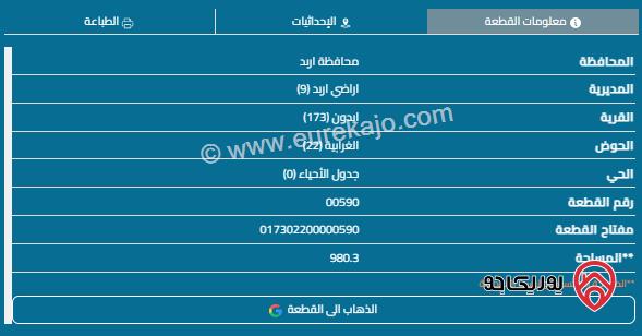 قطعة أرض مساحة 982م للبيع في اربد - ايدون 