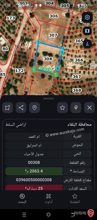 قطعة أرض مساحة 2 دونم و 63م للبيع في منطقة السلط - أم العمد 