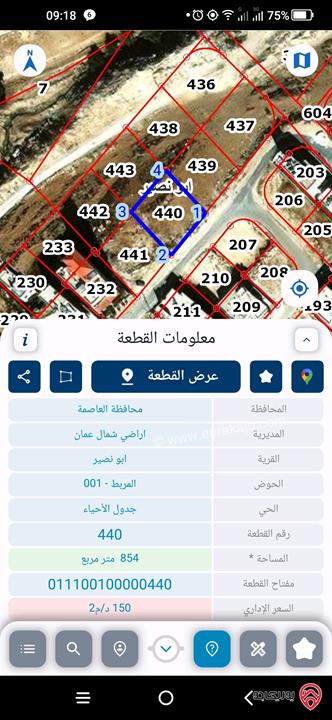 قطعتين أرض مساحة 860م / 854م للبيع في عمان - منطقة ابو نصير بسعر 250 دينار للمتر