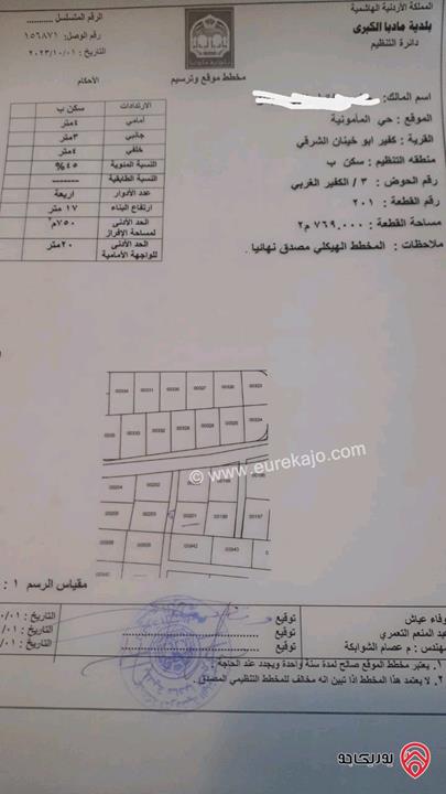 أرض مساحة 769م للبيع في مادبا - المأمونية الغربية