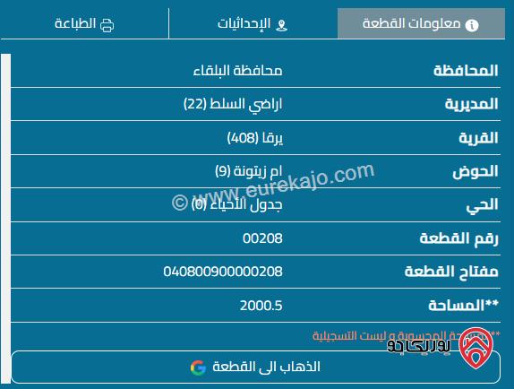 ارض زراعية خارج التنظيم مساحة 2200م للبيع في البلقاء - يرقا ام زيتونة