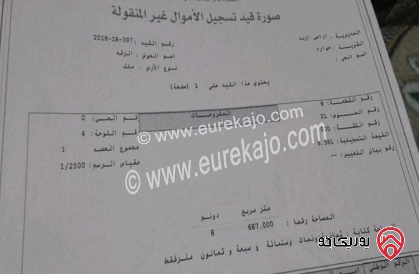 مزرعة مساحة الأرض 8 دونم و 687م للبيع في اربد حواره شمالي سرايا الشرع