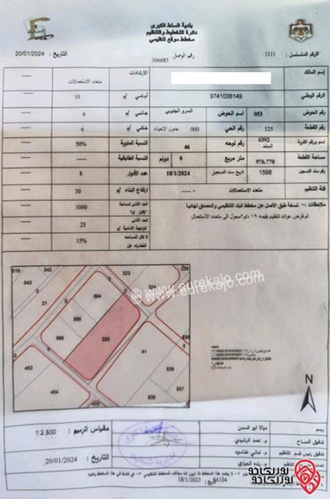 قطعة أرض مساحة 3 دونم للبيع في السلط - منطقة السرو تنظيم متعدد الاستخدامات