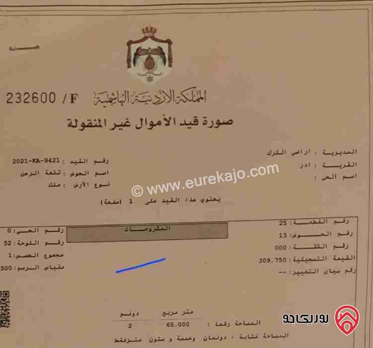 قطعة ارض مساحة 2 دونم للبيع في الكرك - قرية ادر