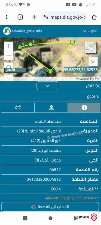 قطعة ارض مساحة 600 م للبيع في البلقاء أراضي الشونة الجنوبية طريق البحر الميت - الروضة منطقة شاليهات 