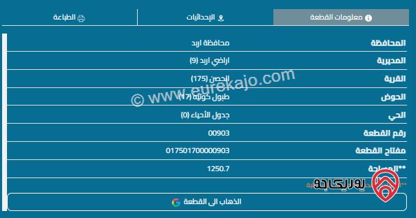 قطعة أرض مساحة 1233م للبيع في اربد - الحصن 