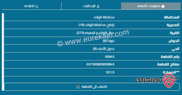 قطعة أرض مساحة 500م من أصل 931م للبيع في الزرقاء - الدويك