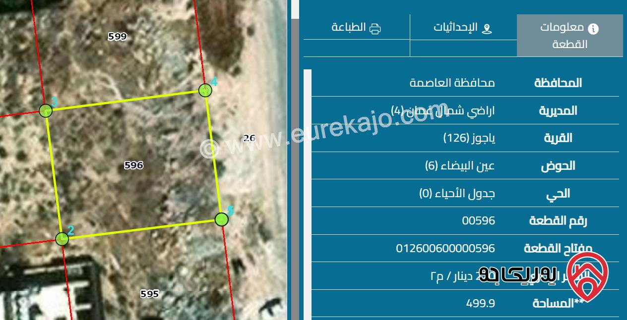 أرض سكنية مميزة مساحة 500م للبيع في عمان – قرية ياجوز حوض عين البيضاء