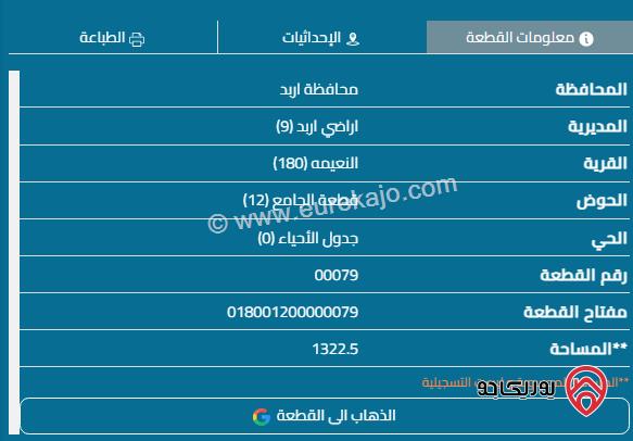 قطعة أرض مساحة 1302م للبيع في اربد - النعيمة