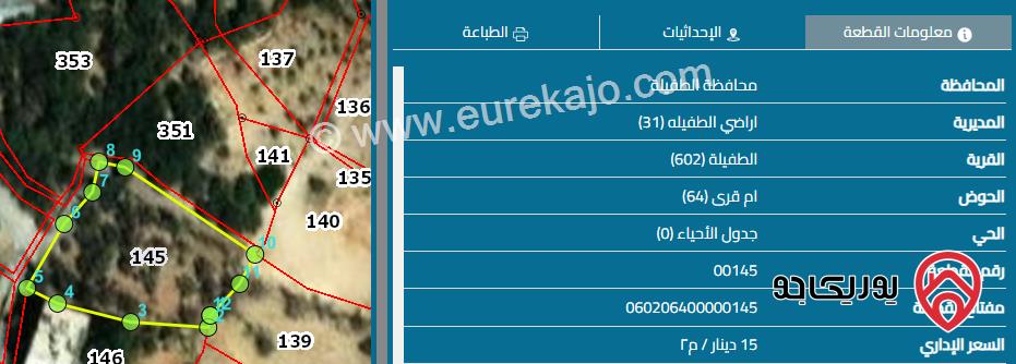 قطعة أرض سكن ريفي مساحة 915 م للبيع في الطفيلة 