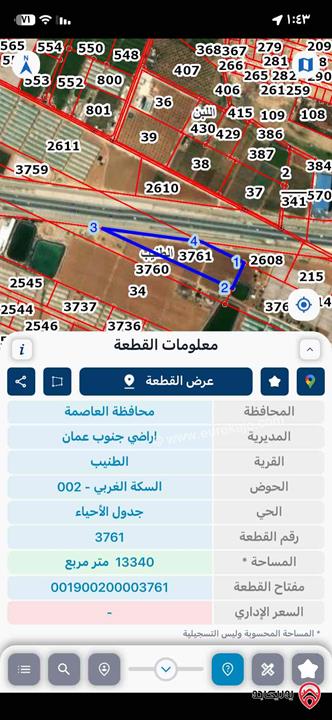 أرض مساحة 13 دونم و 340م للبيع في عمان - الطنيب