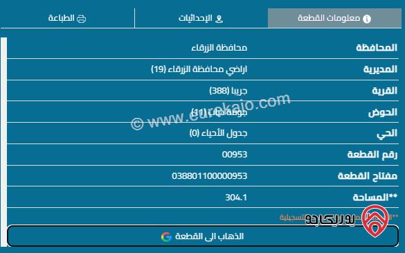 قطعة ارض مساحة 304م للبيع في الزرقاء - جريبا 