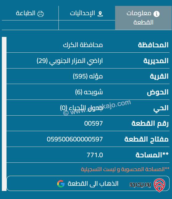 قطعة أرض مساحة 771م للبيع في الكرك - مؤتة	