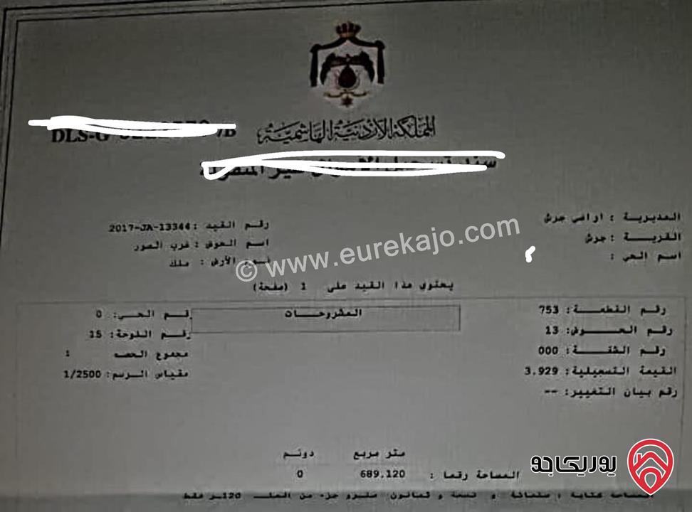قطعة أرض مساحة 744م للبيع في في جرش - ظهر السرو متوفرة جميع الخدمات 