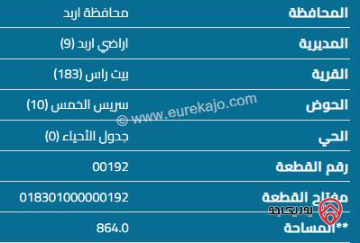 قطعة أرض مساحة 864م للبيع في اربد - بيت راس