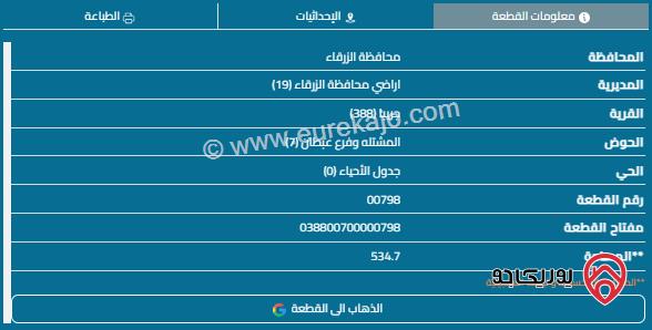 قطعة أرض مساحة 535م للبيع في الزرقاء - ضاحية المدينة المنورة 