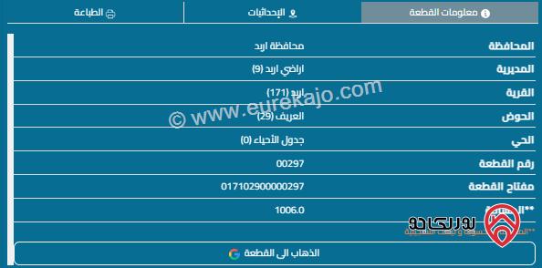 قطعة أرض مساحة 1015م للبيع في اربد - العريف 