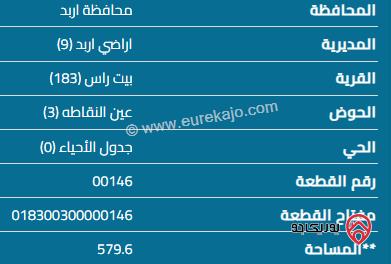 قطعة ارض مساحة 579م للبيع في اربد - بيت راس