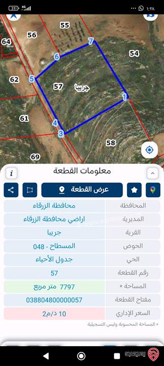 ارض مساحة 7 دونم و 750م للبيع في الزرقاء - جريبا فرصة استثمارية رائعة