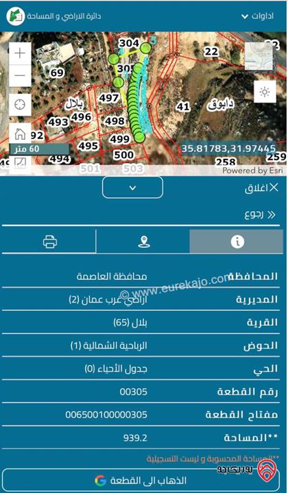 قطعة أرض مساحة 929م للبيع في بلال حوض الرباحية الشمالية من اراضي غرب عمان