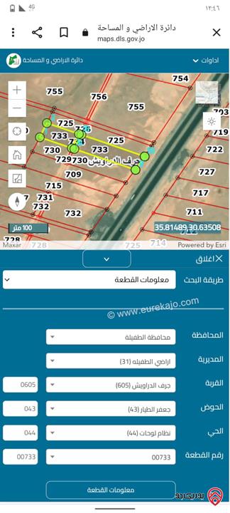 قطعة أرض مساحة 10 دونم للبيع على الطريق الصحراوي باتجاه العقبة من أراضي الطفيلة منطقة الحسينية