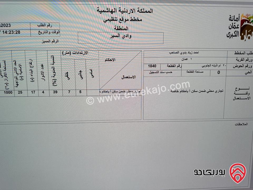 قطعة ارض تجاري مساحة 969م للبيع في عمان - ام اذينة بالقرب من أبراج السادس