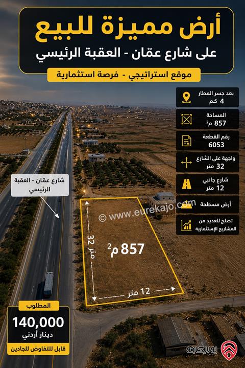 أرض مساحة 857م² للبيع في عمان - الجيزة على شارع عمّان – العقبة الرئيسي