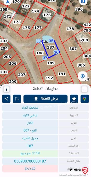 ارض مساحة 1 دونم و 119م للبيع في الكرك 