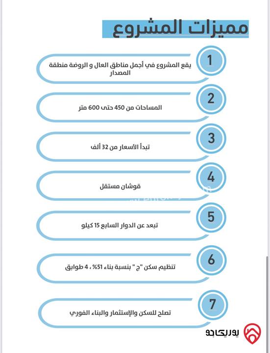 اراضي مساحات من 450م - 600م للبيع في عمان - ناعور- مشروع الروضة