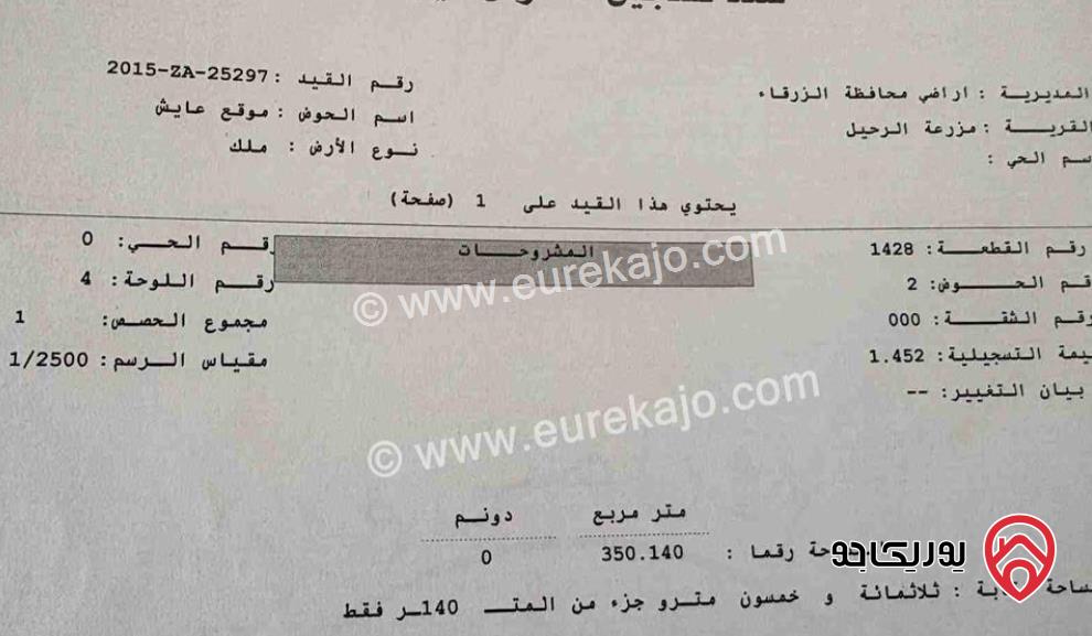قطعة أرض مساحة 350م للبيع في محافظة الزرقاء - قرية مزرعة الرحيل 
