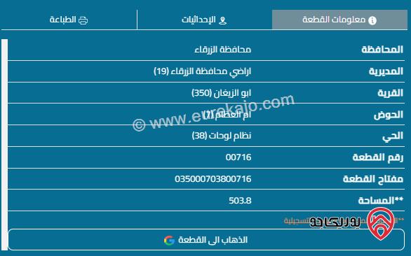 قطعة أرض مساحة 504م للبيع في الزرقاء - شومر 