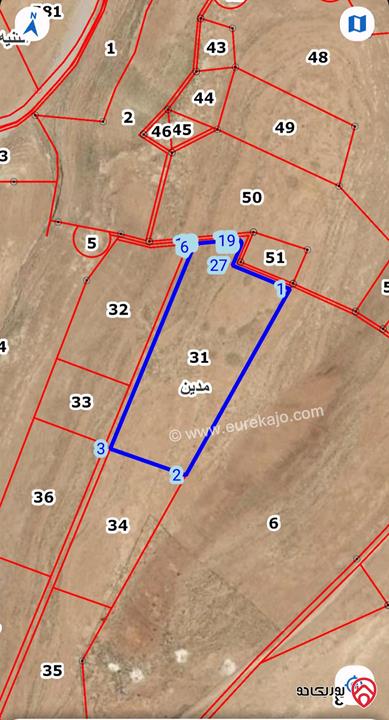 قطعة ارض مساحة 19 دونم و 283م للبيع في الكرك - حوض الشيحة قرية مدين جنوب قرية الغوير