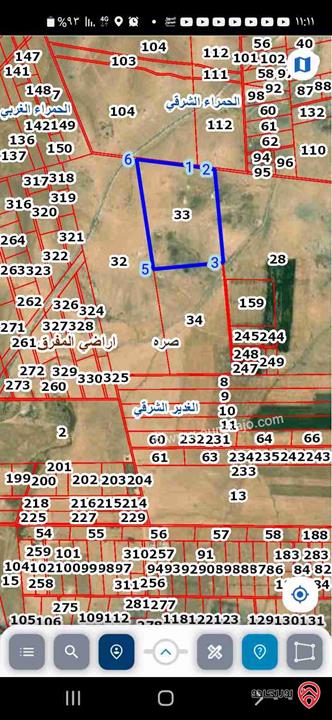 ارض مساحة 100 دونم مفروزة قوشان واحد للبيع في المفرق صره الغدير الشرقي رقم 33 شرق بلدة المنصورة