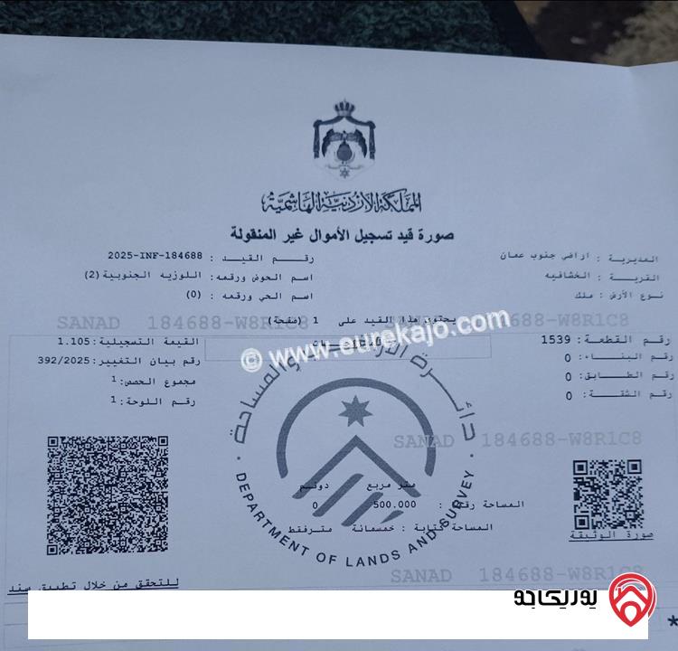 ارض مساحة 500م على شارعين للبيع في عمان - الخشافية بسعر مغري 