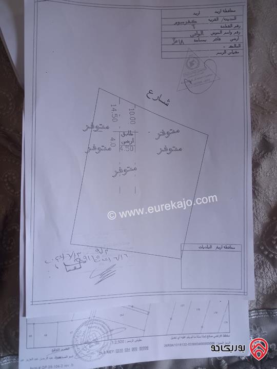 قطعة ارض مساحة 9 دونم و 449م للبيع في اربد من أراضي بني كنانة كفرسوم