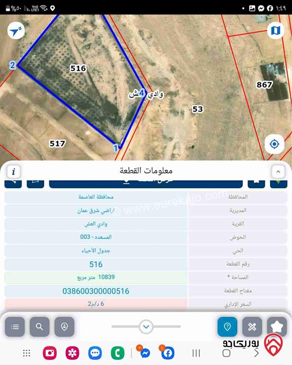 أرض مساحة 11 دونم للبيع في عمان - وادي العش على شارع المية 