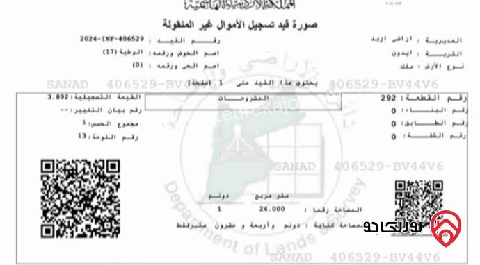 قطعة أرض مميزة مساحة 1 دونم و 24م للبيع في اربد - ايدون الوطية من المالك مباشرة والتواصل على الرقم 0790772627