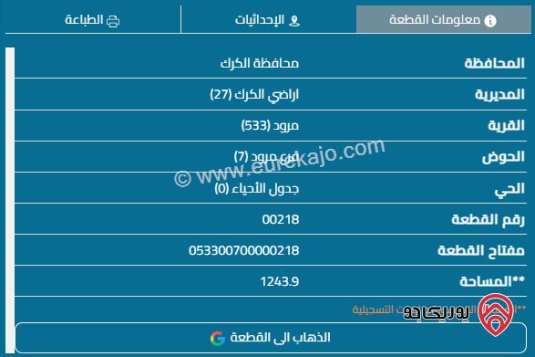 قطعة أرض مساحة 1250م للبيع في الكرك - مؤتة بالقرب من البوابة الشمالية جامعة مؤتة 