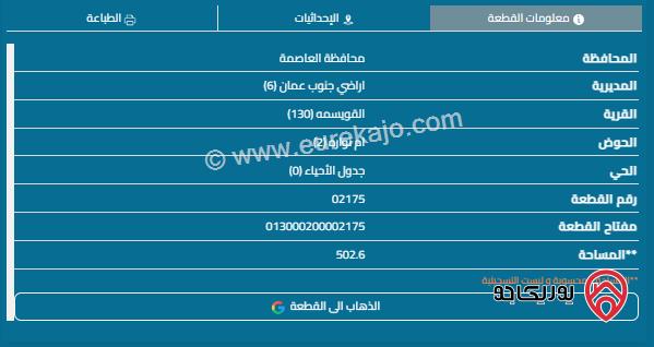 قطعة أرض مساحة 506م للبيع في ام نوارة 